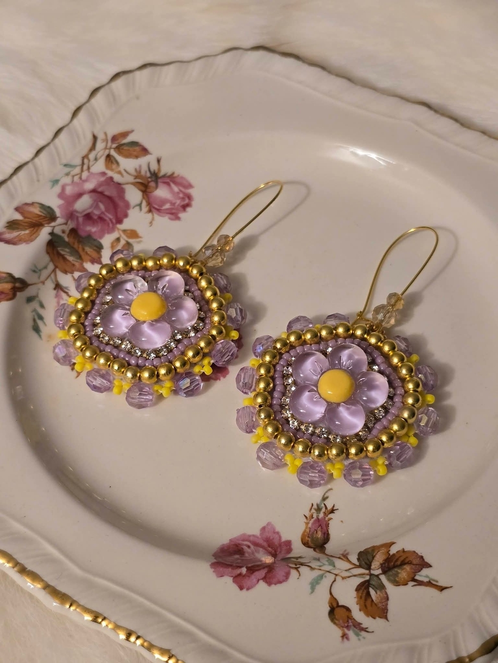 Handmade Purple and Yellow Floral Beaded Earrings